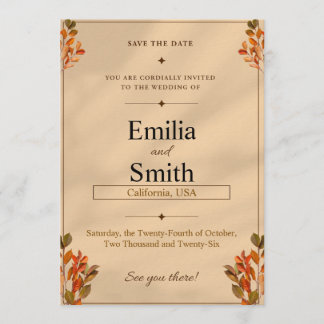 Invitation Rustic Autumn Leaves Save the Date Card 5x7 
