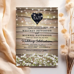 Invitation Rustic Baby's Breath Heart Twinkle Lights Mariage