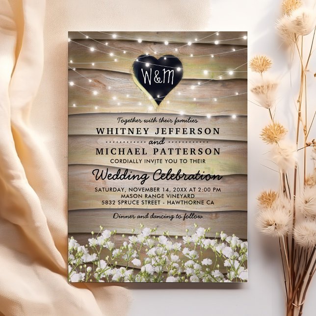 Invitation Rustic Baby's Breath Heart Twinkle Lights Mariage (Créateur téléchargé)