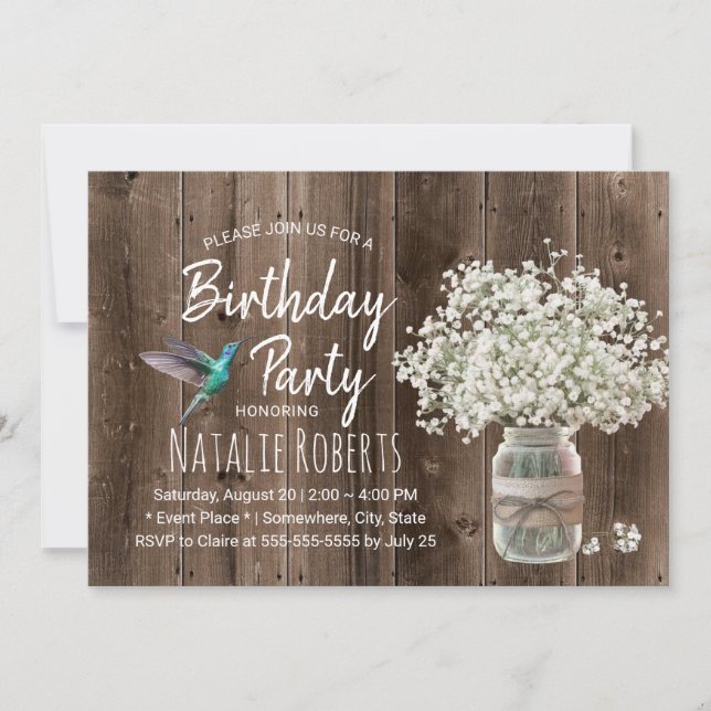 Invitation Rustic Baby's Breath Jar & Hummingbird Anniversair (Devant)