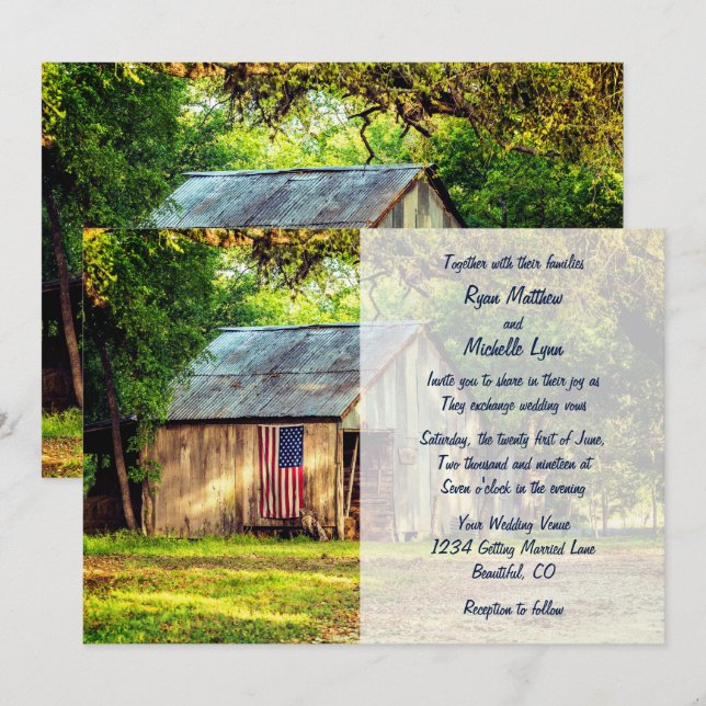 Invitation Rustic Barn Patriotique US Mariage du drapeau amér (Devant / Derrière)