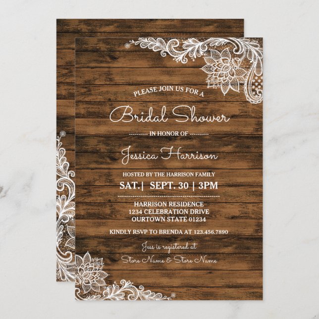 Invitation Rustic Barn Wood et dentelle de douche  (Devant / Derrière)