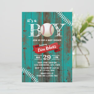 Invitation Rustic Baseball Sports Turquoise Wood Boy Baby sho