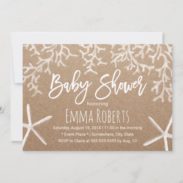 Invitation Rustic Beach Coral Reef & Starfish Baby shower (Devant)