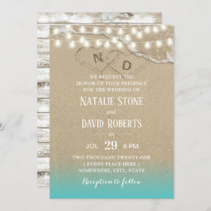 Invitation Rustic Beach Heart String Lights Mariage d'été