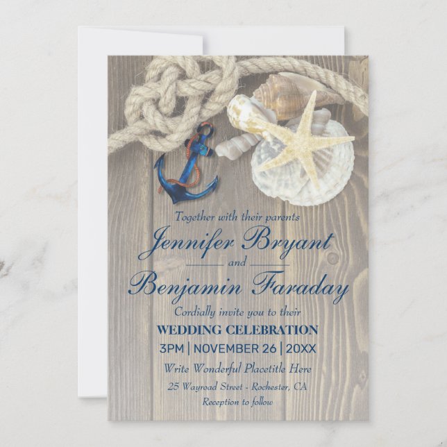Invitation Rustic Beach Shell Navy Ancre Mariage nautique (Devant)