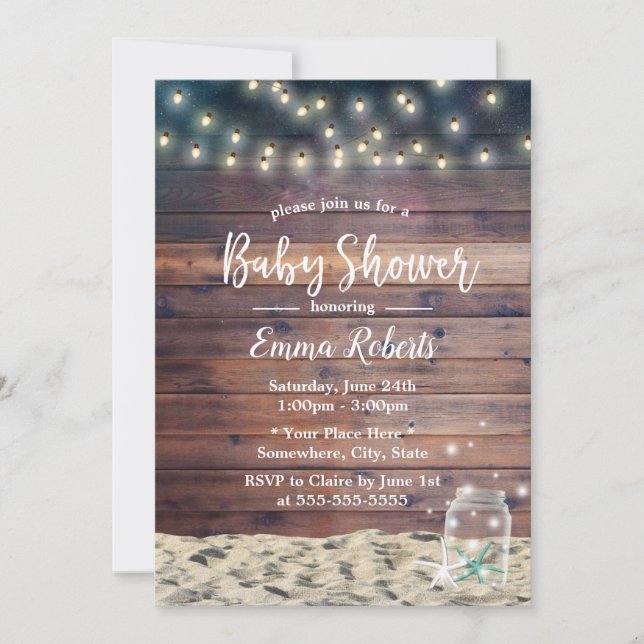Invitation Rustic Beach Starfish String Baby shower (Devant)
