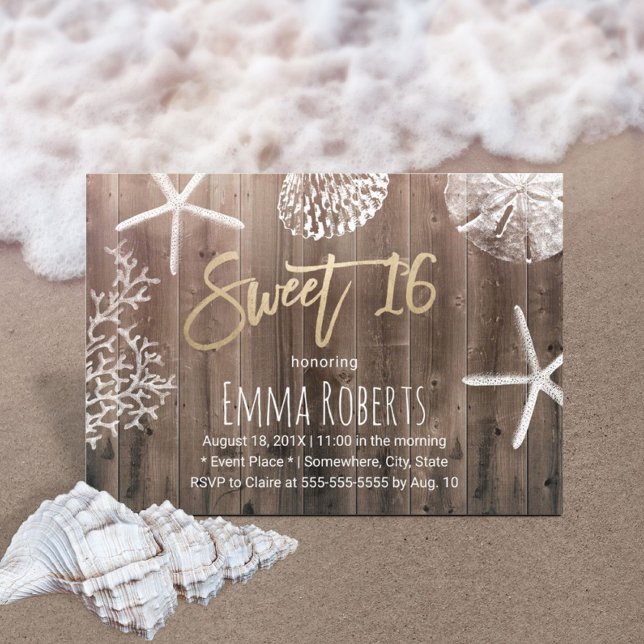 Invitation Rustic Beach Sweet 16 Starfish Seashells Anniversa (Créateur téléchargé)