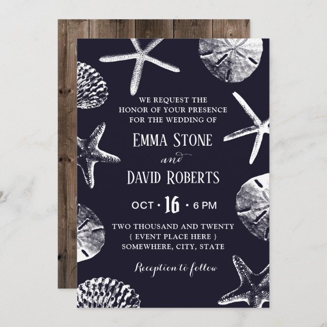 Invitation Rustic Beach Wedding Starfish & Seashell Navy Blue (Devant / Derrière)