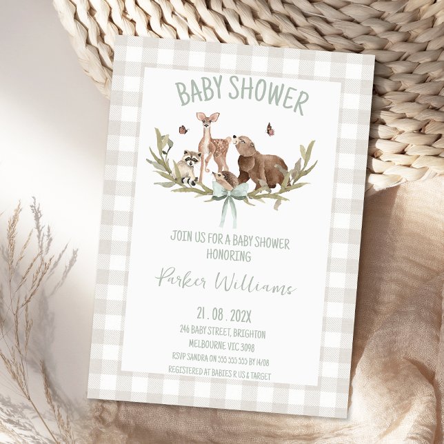Invitation Rustic Beige Gingham Woodland Baby Shower (Gender Neutral Woodland Baby Shower Invitation Template, Woodland Animals Baby Shower Invitations)