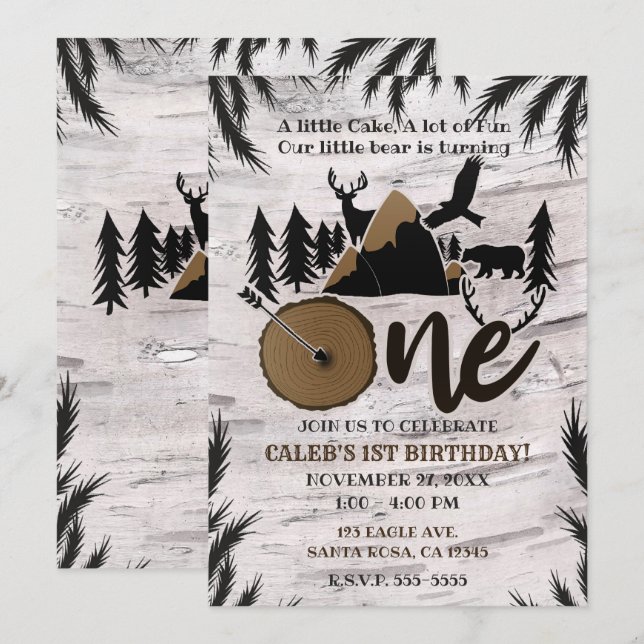 Invitation Rustic Birch Outdoor Wilderness Un 1er anniversair (Devant / Derrière)