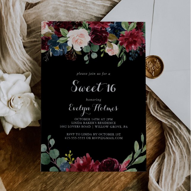 Invitation Rustic Black Botanical Sweet 16 Anniversaire (Créateur téléchargé)