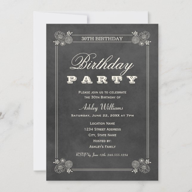 Invitation Rustic Black Chalkboard 30e fête d'anniversaire (Devant)