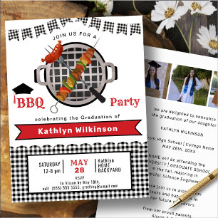 Invitation Rustic Black Red Plaid 3 Photo Graduation BBQ