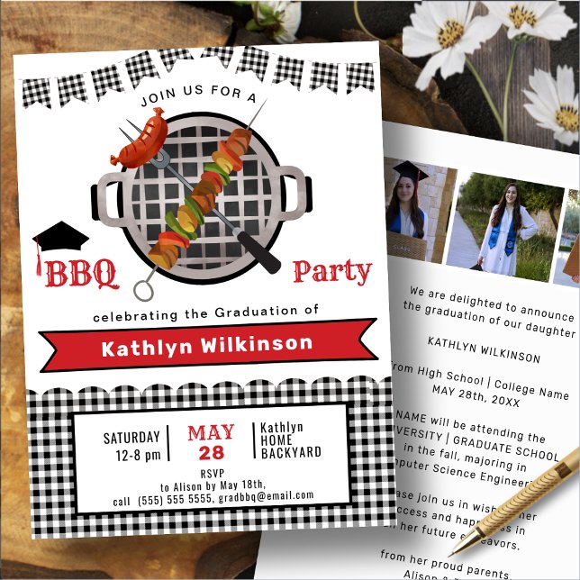 Invitation Rustic Black Red Plaid 3 Photo Graduation BBQ (Créateur téléchargé)