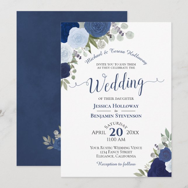 Invitation Rustic Blue Boho Aquarelle Roses Mariage officiel (Devant / Derrière)
