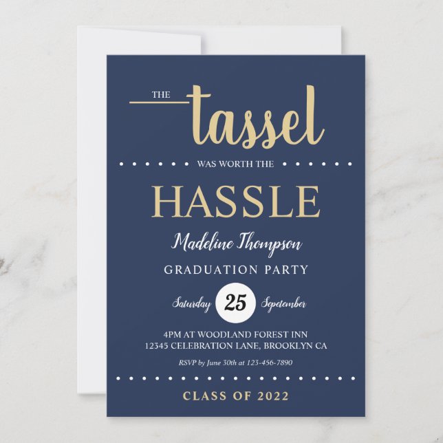 Invitation Rustic Blue Gold Tassel Script Graduation Party (Devant)