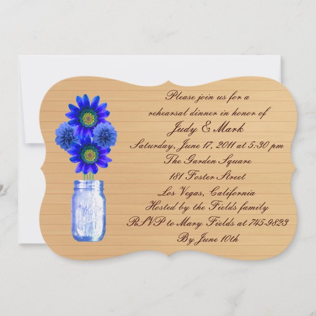 Invitation Rustic Blue Mason Jar Dîner de répétition Invitati (Devant)