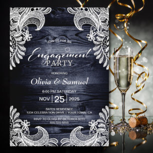 Invitation Rustic Blue Wood Lace Engagement Party