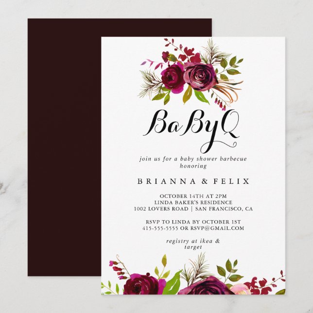 Invitation Rustic Blush Burgundy BabyQ Baby shower Barbecue (Devant / Derrière)
