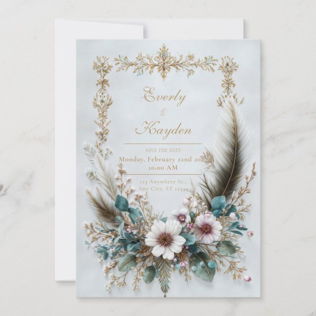 Invitation Rustic Blush Floral Feather Elegant Wedding (Devant)