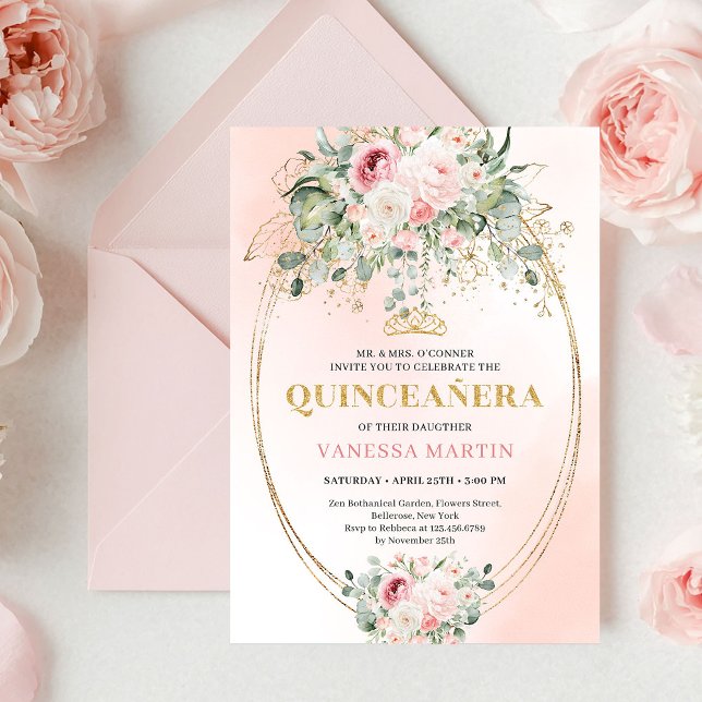 Invitation Rustic Blush Roses Eucalyptus Quinceañera Invite (Rustic Blush Roses Eucalyptus Quinceañera Invitation)