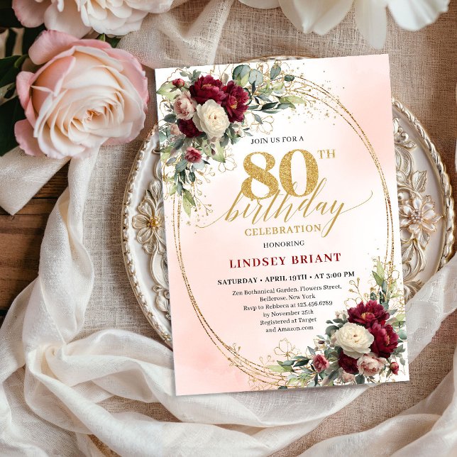 Invitation Rustic Boho Burgundy Floral 80th Birthday Invite (Rustic Boho Burgundy Floral 80th Birthday Invitation)