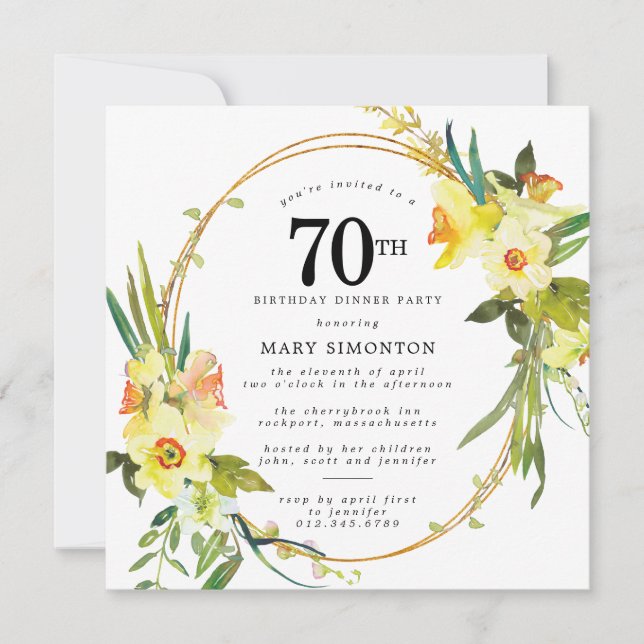 Invitation Rustic Boho Daffodil 70e anniversaire Dîner fête (Devant)
