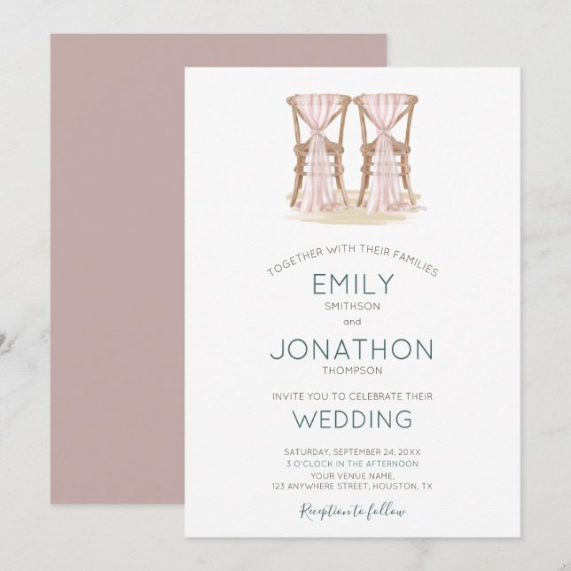 Invitation Rustic Boho Happy Couple Organza Chaises Mariage (Devant / Derrière)