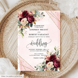 Invitation Rustic Boho Maroon Gold Blush Roses de mariage Inv