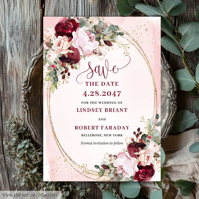 Invitation Rustic Boho Merlot Blush Gold Flowers Save Date (Rustic Boho Merlot Blush Gold Flowers Save Date)