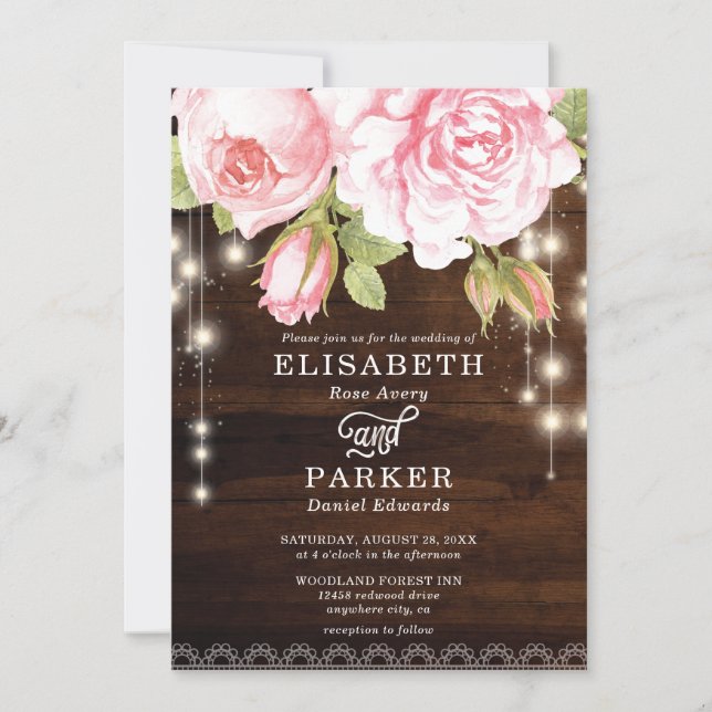 Invitation Rustic Bois Chaîne Lumière Mariage Rose (Devant)