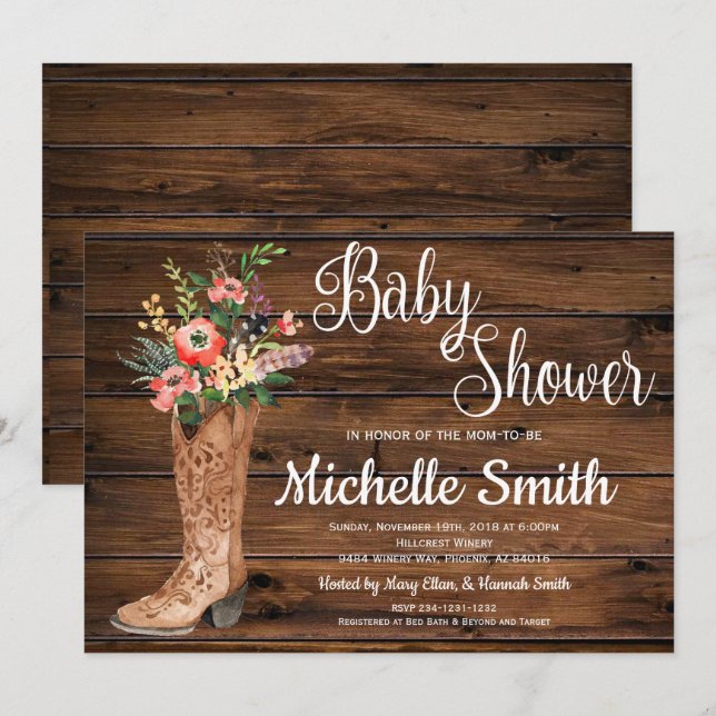 Invitation Rustic Boot Country Bride Baby shower occidental (Devant / Derrière)