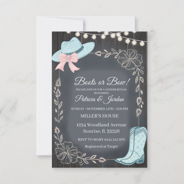 Invitation Rustic Boots or Bows Gender Reveal  (Devant)