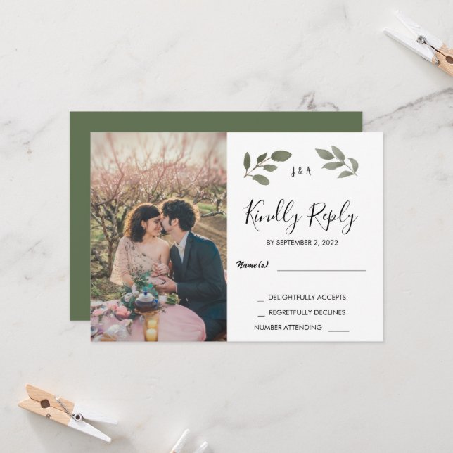Invitation Rustic botanical monogrammed photo Wedding RSVP (Devant/Arrière en situation)