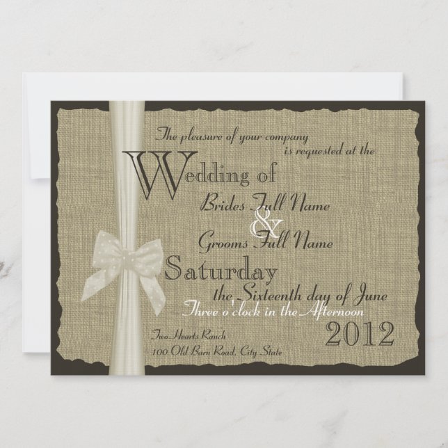 Invitation Rustic Bow et Burlap Mariage 7,5 po. (Devant)