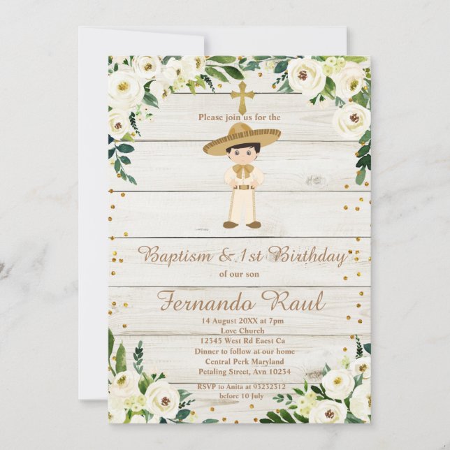 Invitation Rustic Boy Gold Baptême premier anniversaire Mexic (Devant)