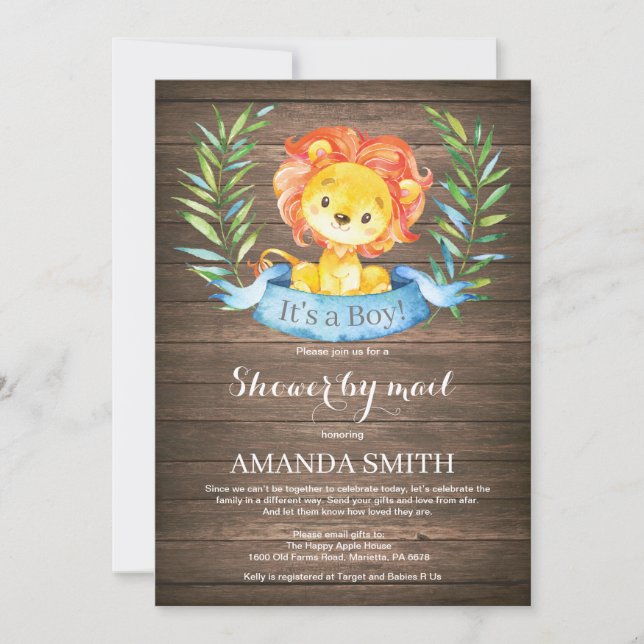 Invitation Rustic Boy Lion Baby shower par courrier (Devant)