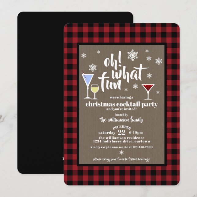 Invitation Rustic Buffalo Plaid Christmas Cocktail Party (Devant / Derrière)