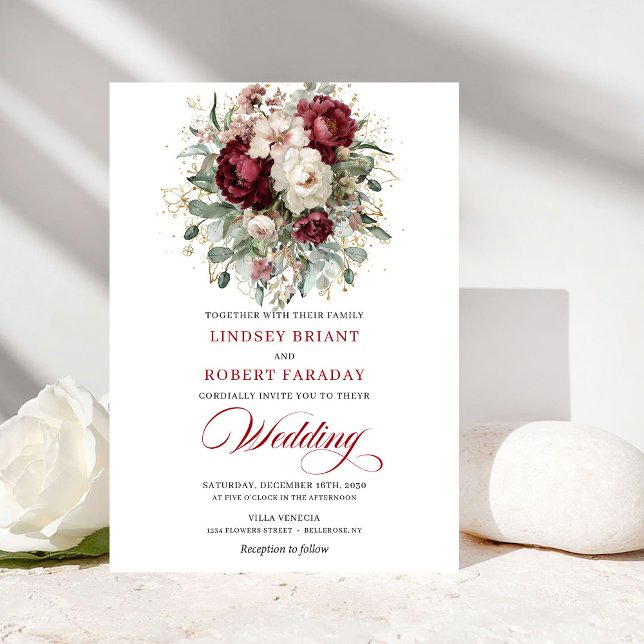 Invitation Rustic Burgundy White Floral Eucalyptus Gold Weddi (Rustic Burgundy White Floral Eucalyptus Gold Wedding Invite)
