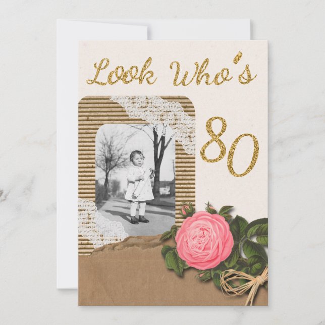 Invitation Rustic Burlap et Rose dentelle 80e anniversaire In (Devant)