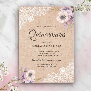 Invitation Rustic Burlap Lace Pink Floral Quinceanera