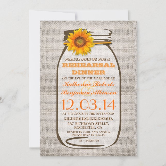 Invitation Rustic Burlap Mason Jar Tournesol Dîner de répétit (Devant)