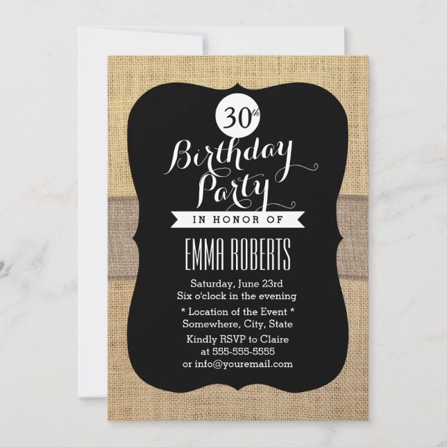 Invitation Rustic Burlap Ruban 30e fête d'anniversaire (Devant)