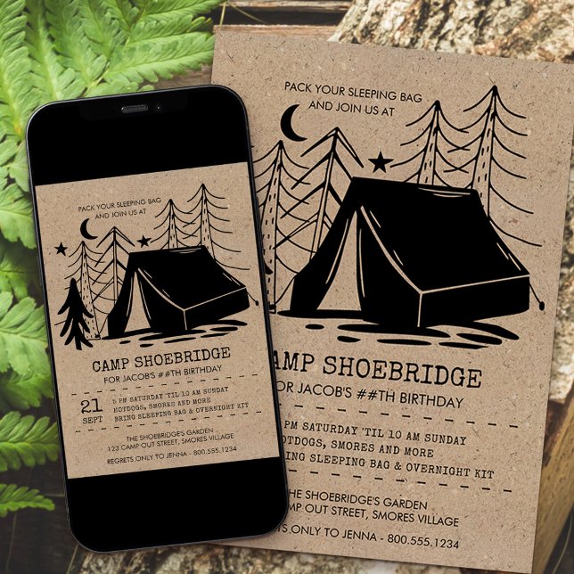 Invitation Rustic Camp Out Doodle Art Camping Anniversaire (Créateur téléchargé)