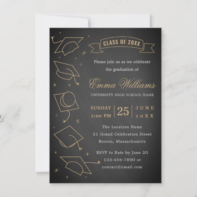 Invitation Rustic Chalkboard Black and Gold Graduation Party (Devant)