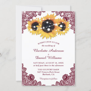 Invitation Rustic Chic Burgundy Lace Sunflower Wedding