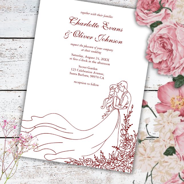 Invitation Rustic Chic Main tiré Couple Mariage Bourgogne (Créateur téléchargé)