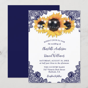 Invitation Rustic Chic Navy Mariage de tournesol en dentelle 