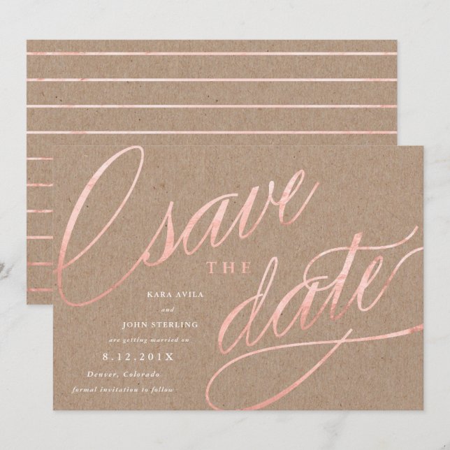 Invitation Rustic Chic Rose Gold Enregistrer les dates | Or R (Devant / Derrière)